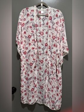 Floral Lace-Trim Open Kimono - Pink Floral
